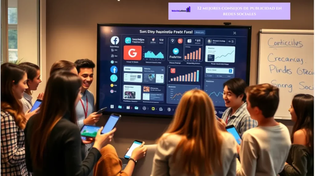 Imagen realista de un grupo diverso de jóvenes profesionales reunidos en torno a una gran pantalla táctil que muestra varias plataformas de redes sociales y gráficos de análisis, con teléfonos inteligentes y tabletas en las manos, en un entorno de oficina moderno con iluminación cálida, mostrando entusiasmo y colaboración, con el texto «12 Consejos de Publicidad en Redes Sociales» visible en una pizarra de fondo y el logo de Website Latinos.