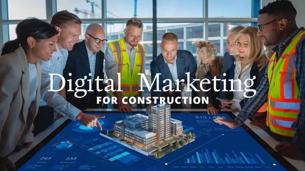 Imagen realista de un equipo diverso de profesionales de la construcción (incluidos un hombre blanco, una mujer negra y un hombre hispano) reunidos en torno a un gran dispositivo de pantalla táctil que muestra análisis de marketing digital y un modelo de edificio en 3D, con una obra de construcción visible a través de una ventana en el fondo y el texto «Marketing digital para la construcción» superpuesto en una fuente moderna.