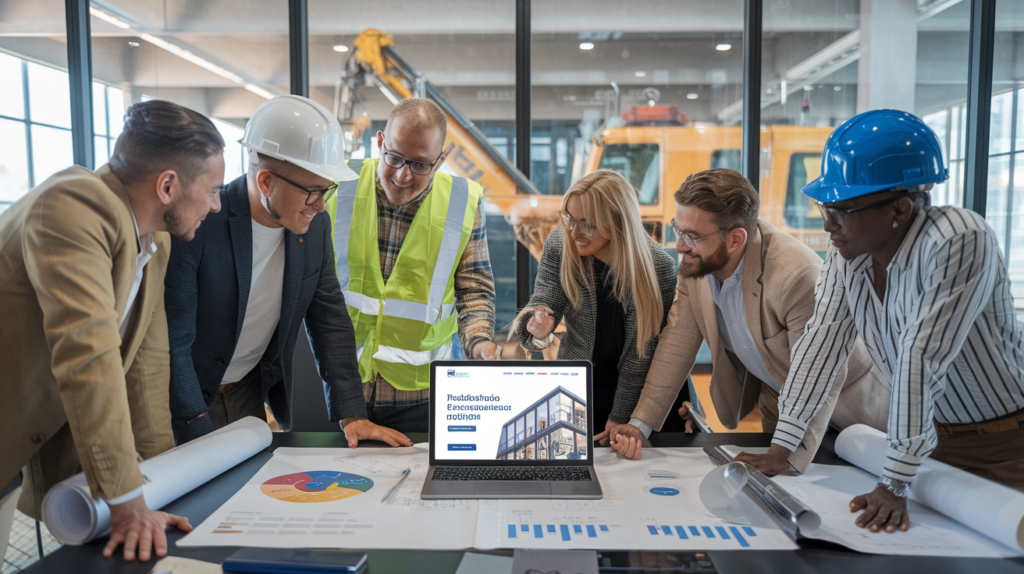 Cómo monetizar online negocios de la construcción. Imagen realista de un hombre blanco, profesional de la construcción, con casco y chaleco de seguridad, sentado en un escritorio con un portátil, rodeado de planos y modelos arquitectónicos, manteniendo una videollamada con clientes visibles en la pantalla, con una oficina moderna de fondo y luz natural que entra por las ventanas, para transmitir el concepto de servicios de consultoría de construcción en línea.