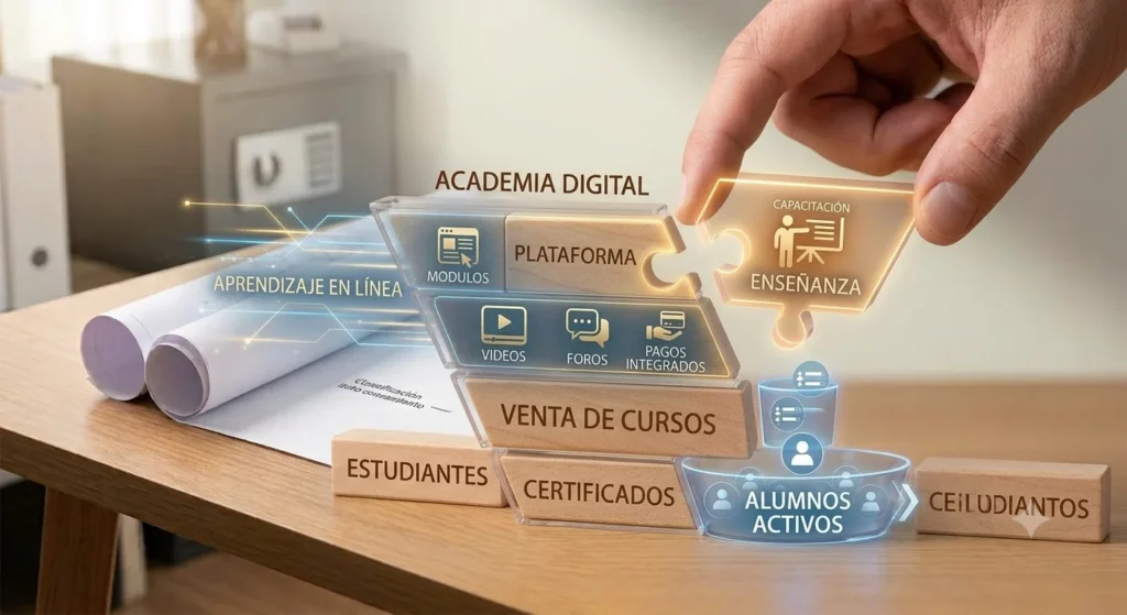 academia-digital-construccion-creacion-cursos-online.webp Mano de obra colocando pieza de rompecabezas "Enseñanza" para completar una estructura de Academia Digital para empresas de construcción.