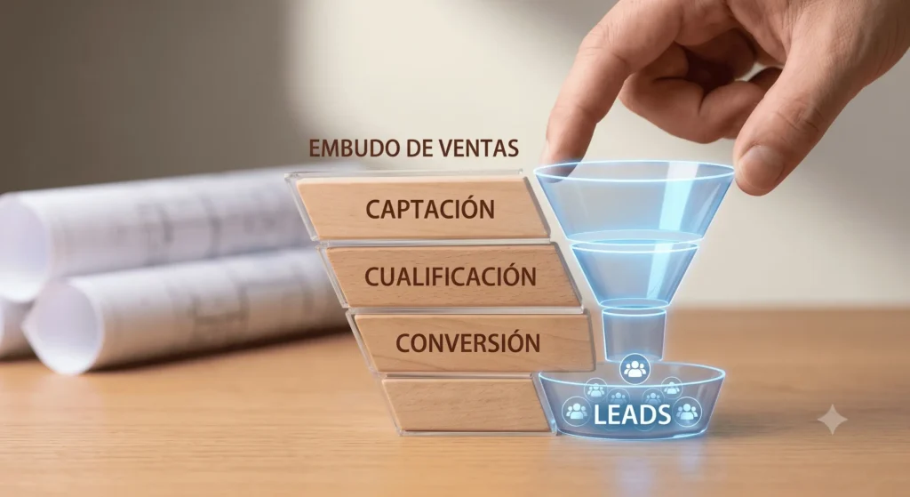 desarrollo-embudos-ventas-empresas-construccion.webp Embudo de ventas para empresas de construcción que muestra las etapas de captación, cualificación y conversión de prospectos en clientes mediante estrategias de marketing digital.