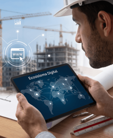 ecosistema-digital-presencia-web-constructoras.webp Profesional del sector de la construcción utilizando herramientas digitales para gestionar la presencia web, el sitio corporativo y el ecosistema digital de su empresa.