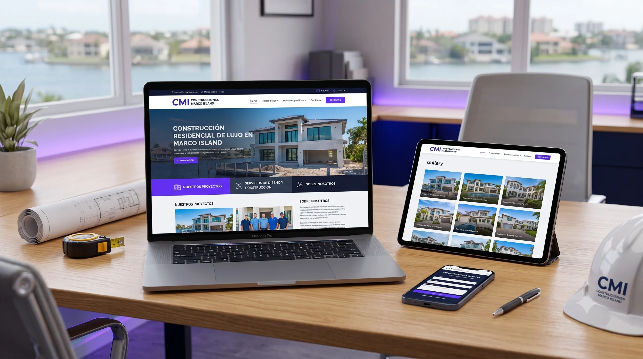 Ecosistema web responsivo mostrado en una laptop, una tablet y un smartphone, exhibiendo el sitio corporativo de CMI Construcciones Marco Island sobre un escritorio de oficina.