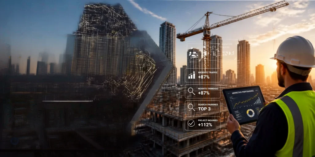 Website Latinos Marketing Digital para construcción Marketing digital para empresas de construcción: ingeniero supervisando una obra con herramientas de inteligencia artificial, análisis de datos y estrategias para generar más clientes.