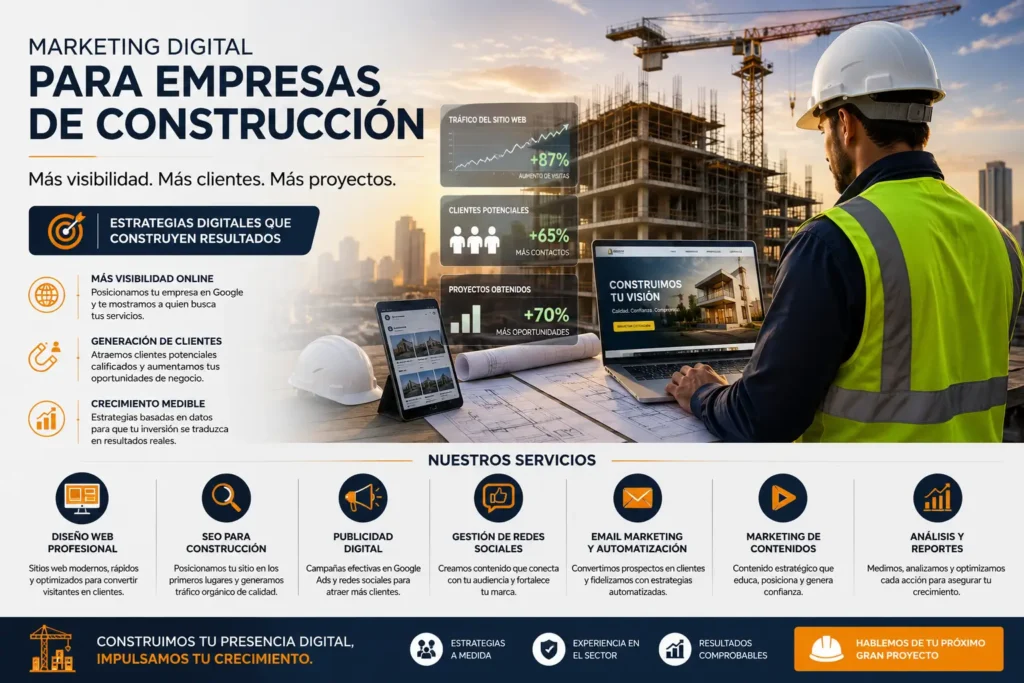 Marketing digital para empresas de construcción con diseño web, SEO, publicidad digital, redes sociales y automatización para generar más clientes y proyectos.