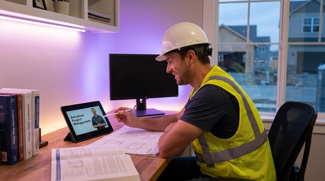 Profesional de la construcción realizando un curso online sobre gestión de proyectos mediante una plataforma de formación digital especializada.