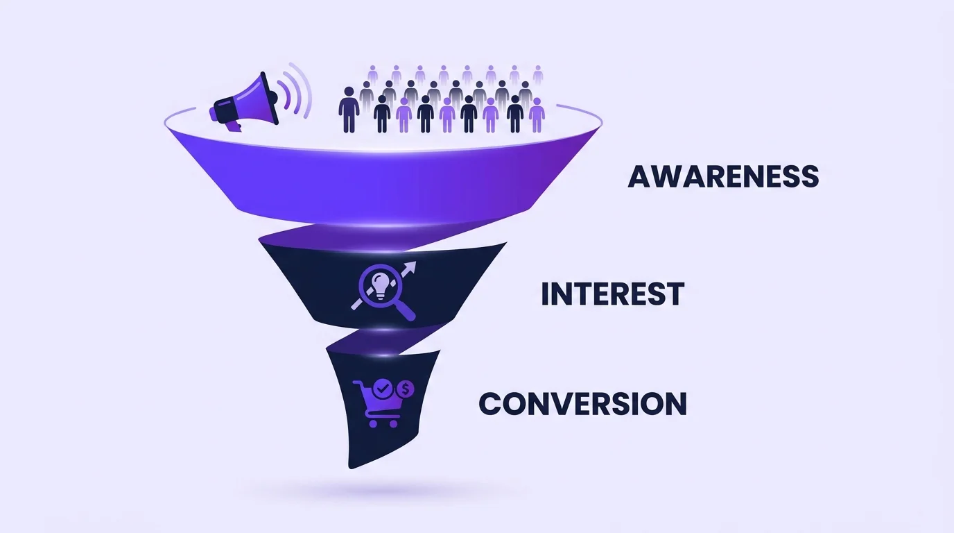 Gráfico de embudo de ventas en tonos morados que muestra las etapas de Awareness, Interest y Conversión para una estrategia de marketing digital.