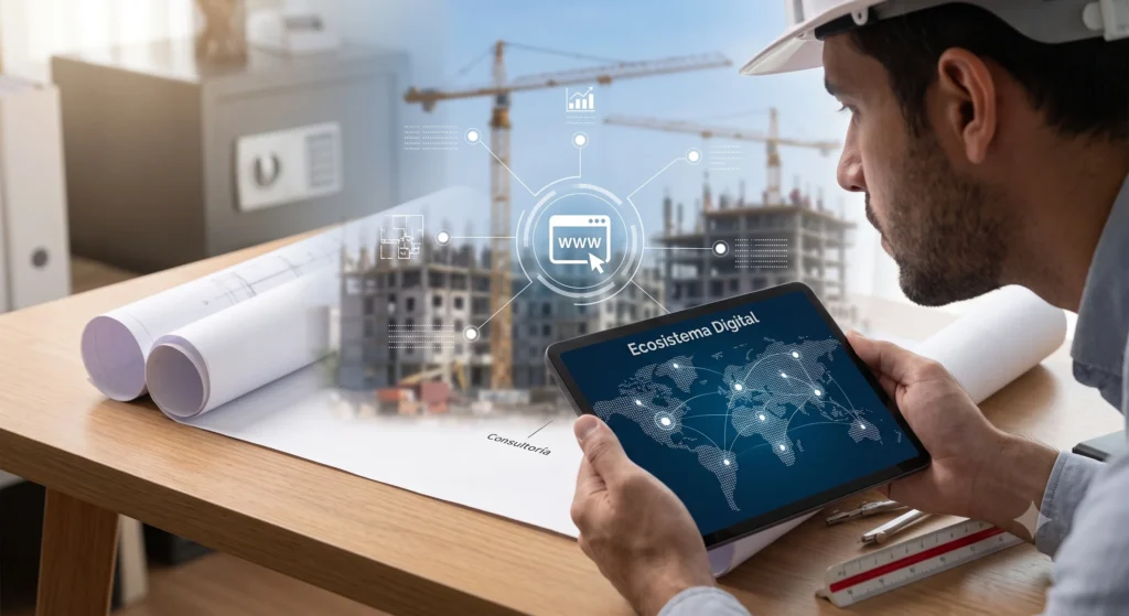 ecosistema-digital-presencia-web-constructoras Profesional del sector de la construcción utilizando herramientas digitales para gestionar la presencia web, el sitio corporativo y el ecosistema digital de su empresa.