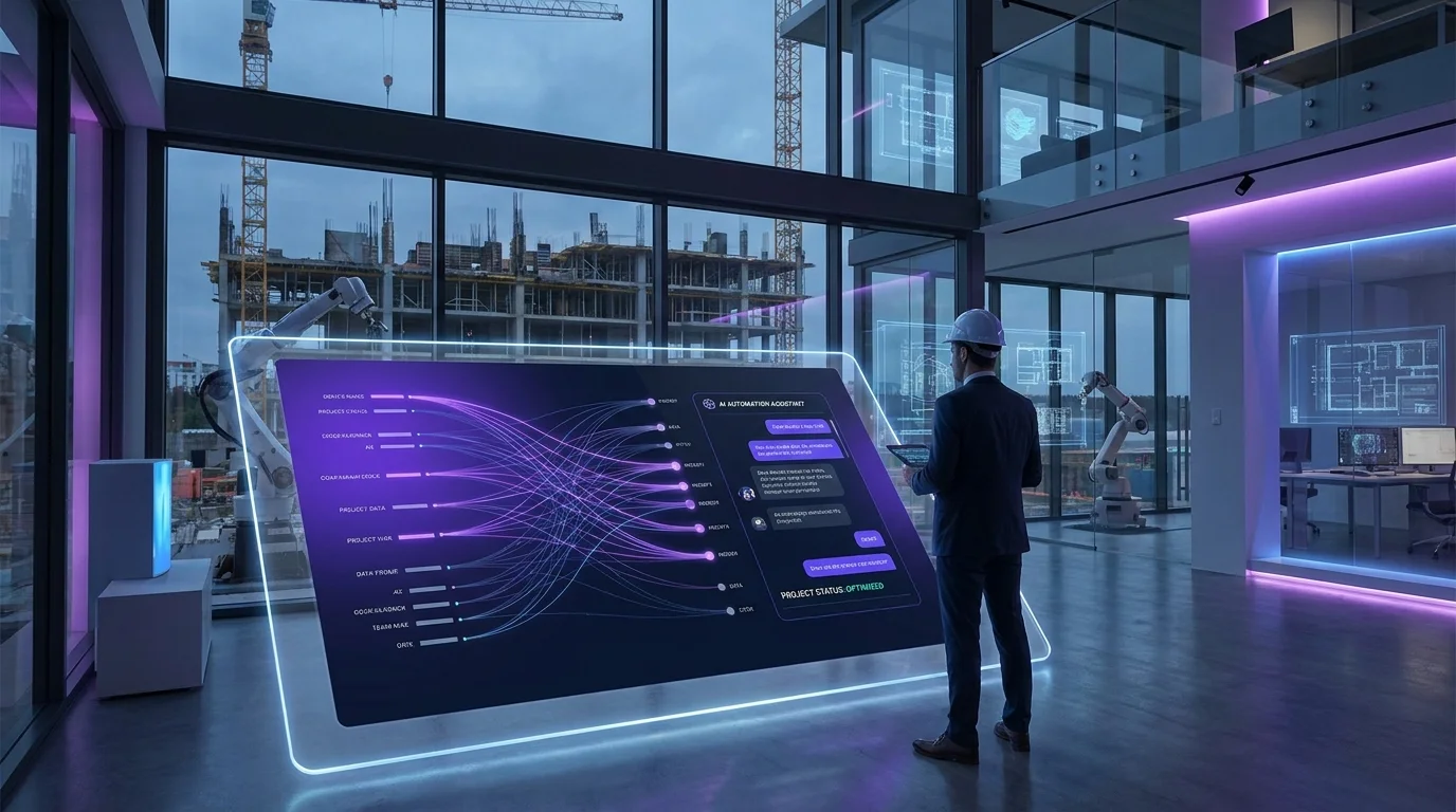  Ingeniero en una oficina moderna analizando una pantalla digital translúcida con flujos de datos y automatización IA en un entorno de construcción.
