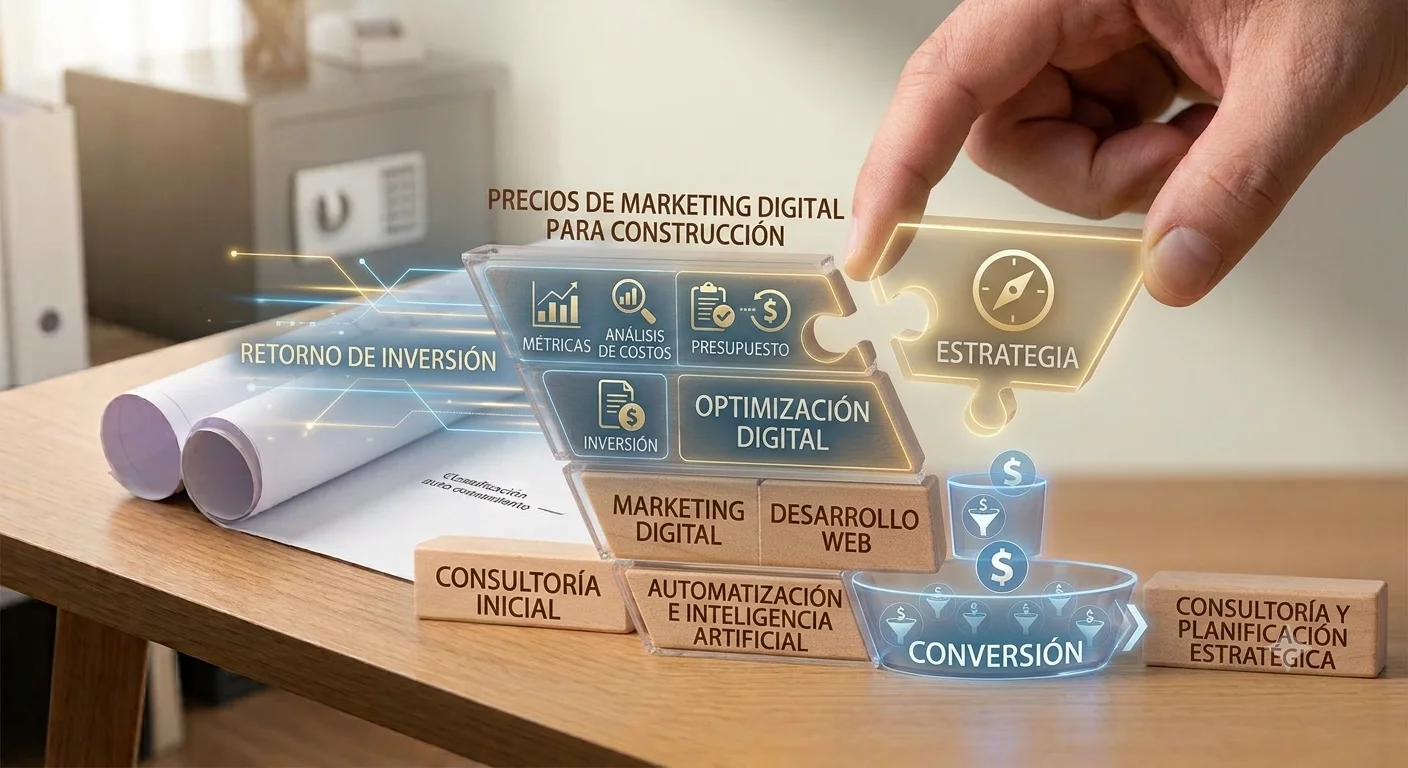 Estrategia de marketing digital para empresas de construcción que integra consultoría, desarrollo web, automatización, inteligencia artificial y optimización para maximizar el retorno de la inversión.