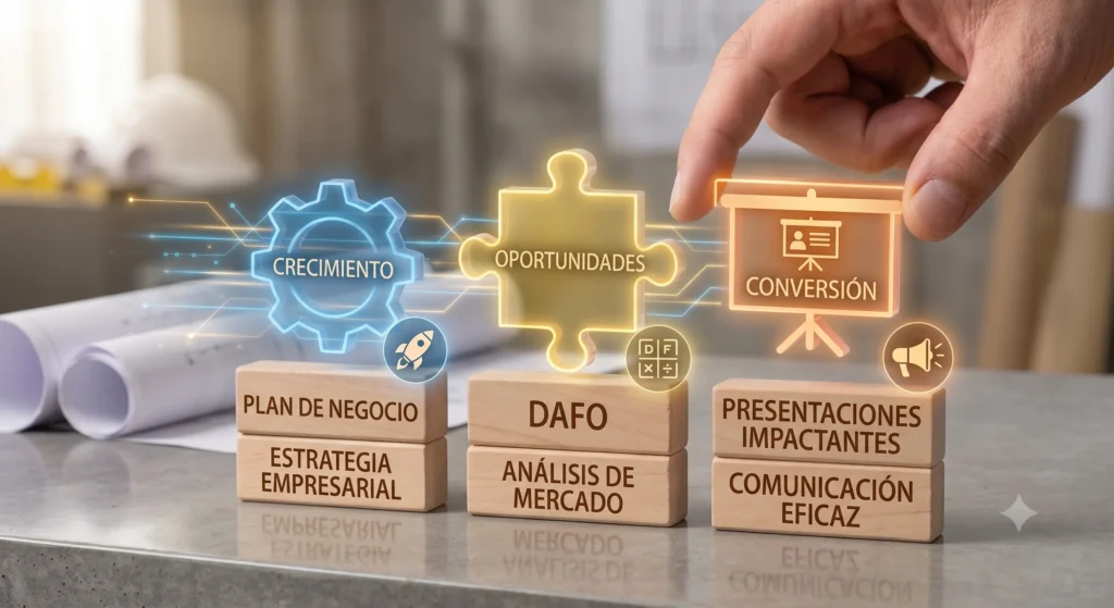 servicios-adicionales-plan-de-negocio-dafo-construccion Mano de un especialista colocando un bloque interactivo de "Presentaciones Impactantes" junto a bloques de "Plan de Negocio" y "DAFO" para estrategia empresarial en construcción.