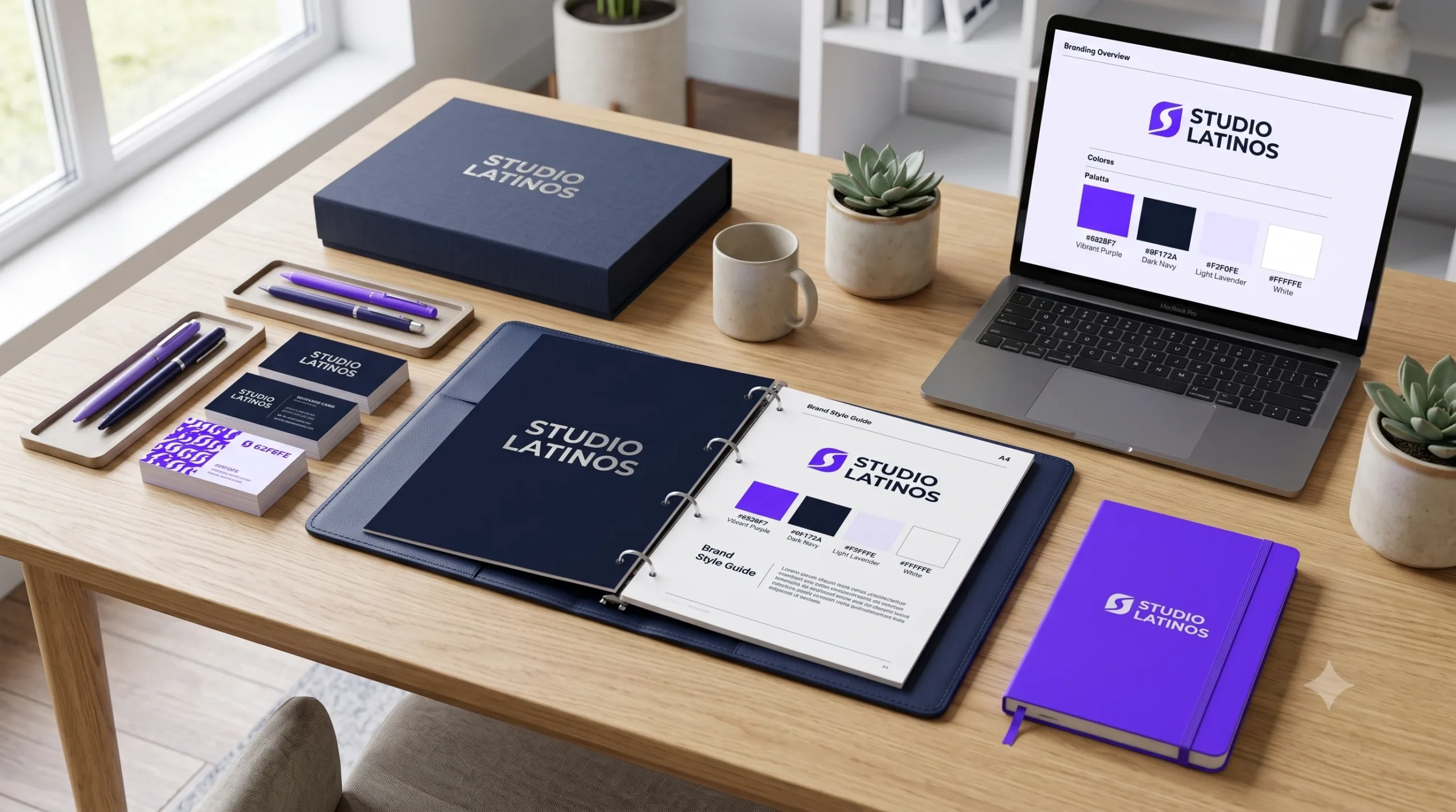 Mockup de identidad corporativa de Studio Latinos en un escritorio, que incluye manual de marca en carpeta, paleta de colores en laptop, tarjetas de presentación y libreta morada.