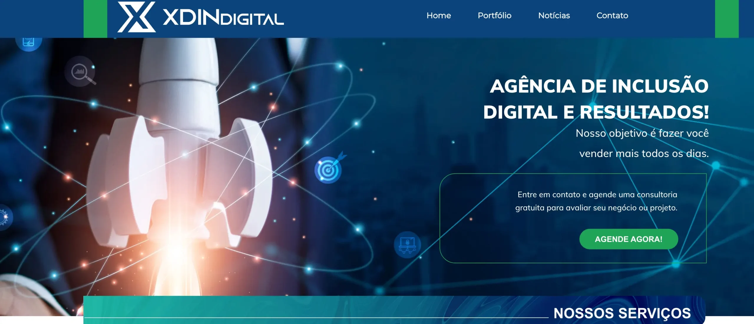 Banner principal del sitio web de XDin Digital sobre agencia de inclusión digital con un cohete despegando y nodos de red.