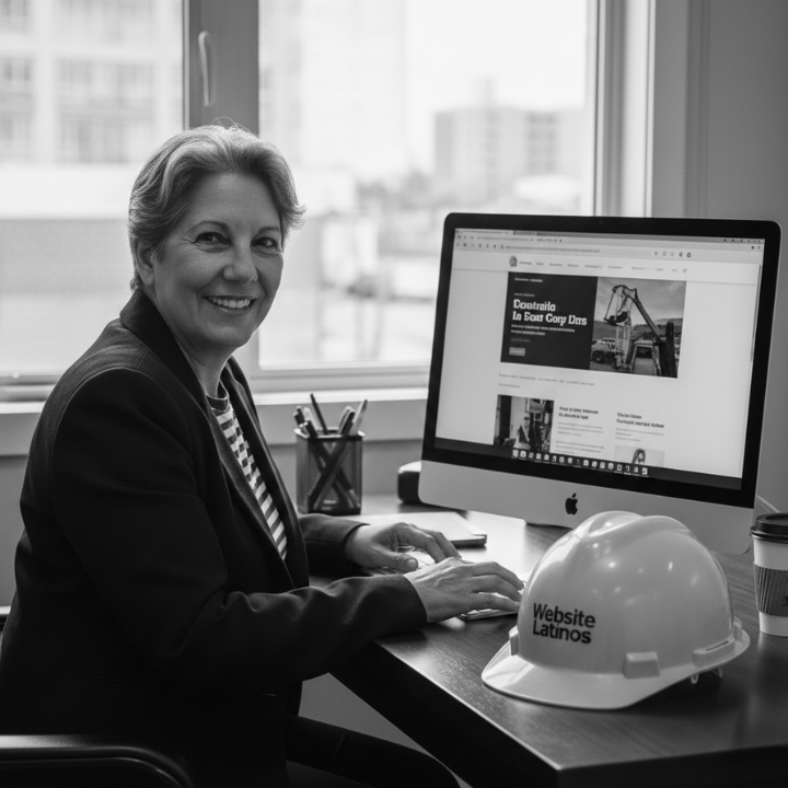 Maricela, diseñadora web en Naples y Marco Island, trabajando en una iMac junto a un casco blanco de construcción con texto Website Latinos.