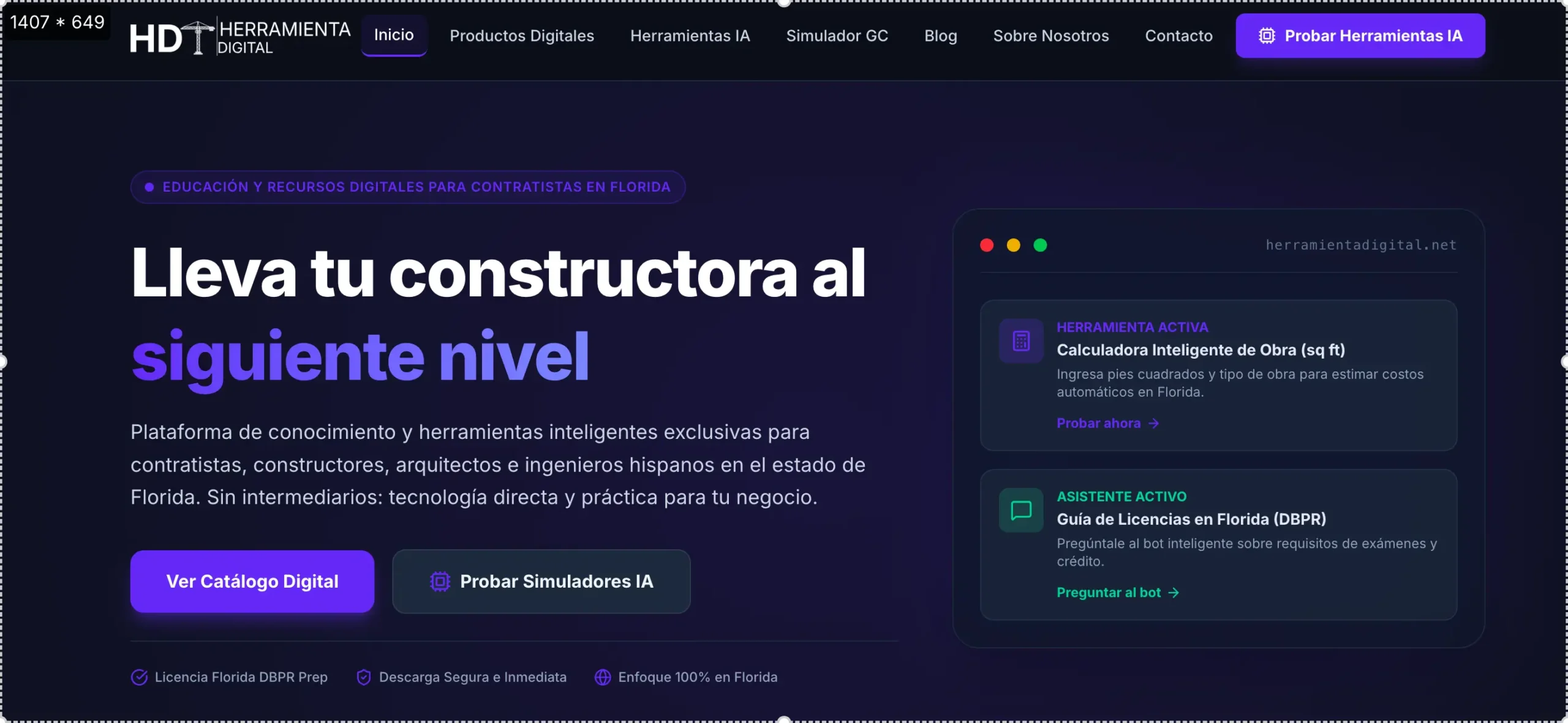 Página de inicio de Herramienta Digital en modo oscuro enfocada en soluciones tecnológicas e IA para contratistas en Florida.