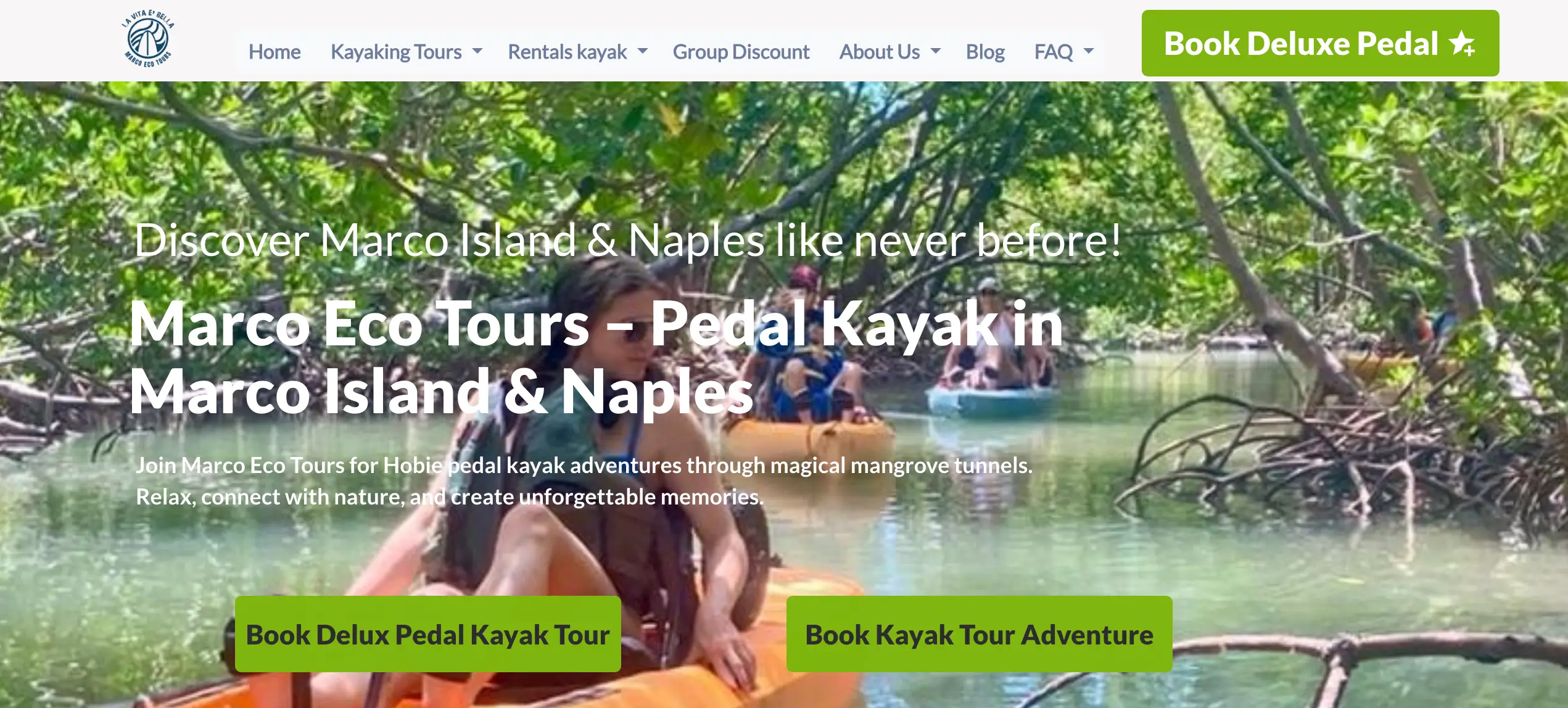 Sitio web de Marco Eco Tours mostrando personas navegando en kayaks a través de túneles de manglares.