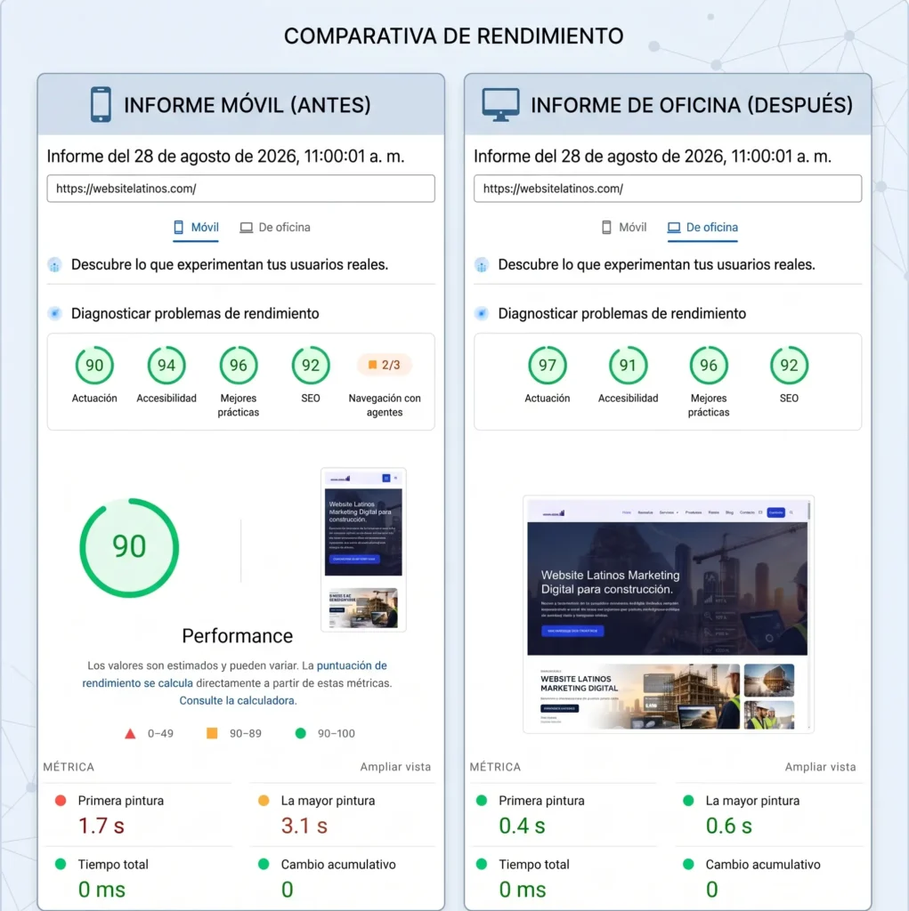 Infografía comparativa de rendimiento web para sitios web latinos. El panel izquierdo muestra los resultados en móvil con una puntuación de 90 y métricas en verde, amarillo y rojo. El panel derecho muestra los resultados en escritorio con una puntuación mejorada de 97 y todas las métricas en verde. Título superior: "Comparativa de Rendimiento".