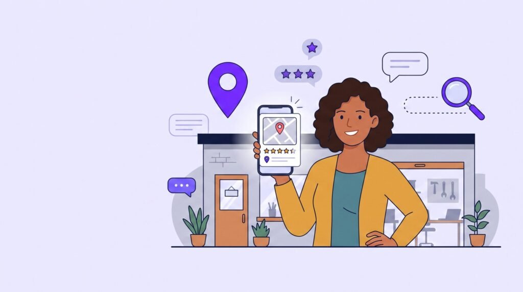 Ilustración plana de una empresaria latina sonriente mostrando un perfil de negocio en su smartphone con iconos de mapa y estrellas en una obra en construcción.