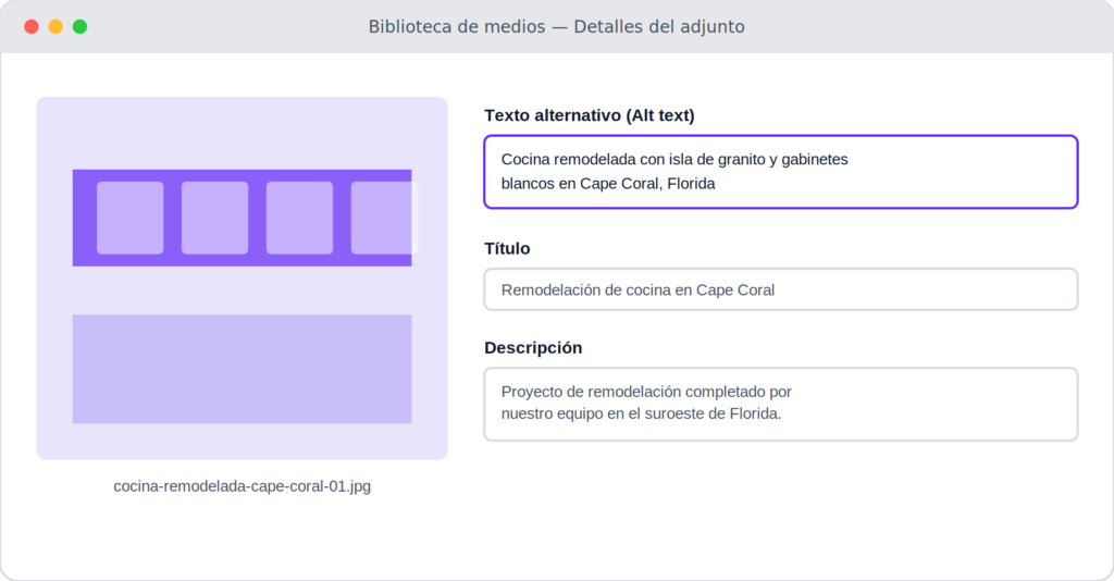 Biblioteca de medios detallando Text alternativo, titulo y descripción de la imagen