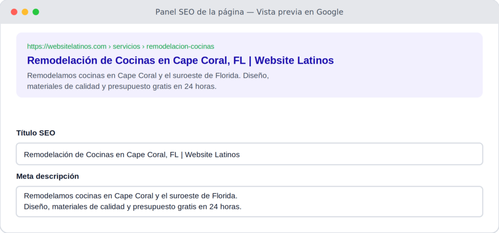 Panel SEO de la página de una vista previa del Google del sitio web de Website latinos, la pagina servicios remodelación-cocinas