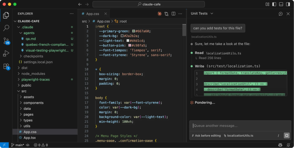 Visible en fondo negro, las 3 vista de VS code, Explorer, App CSS, Unit Tests