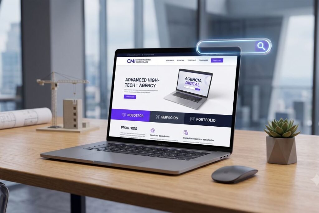 Una computadora portátil MacBook abierta sobre un escritorio de madera muestra el sitio web de la agencia digital 'CMI Constructions Maree-Inland'. La web tiene un diseño moderno en blanco y morado con secciones como 'Nosotros', 'Servicios' y 'Portfolio'. Sobre la pantalla flota una barra de búsqueda 3D de neón.