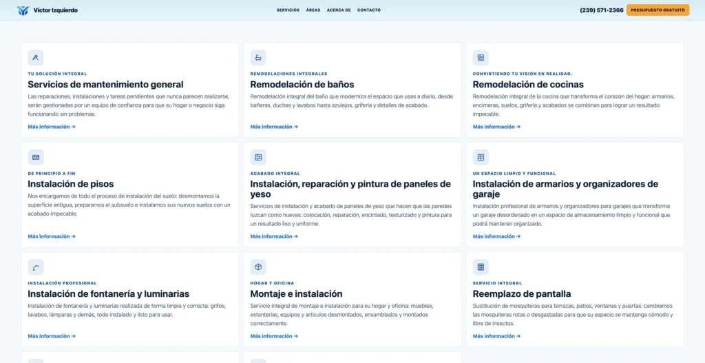 Sección de servicios de mantenimiento, remodelación de baños, cocinas y reformas del sitio web de Víctor Izquierdo.