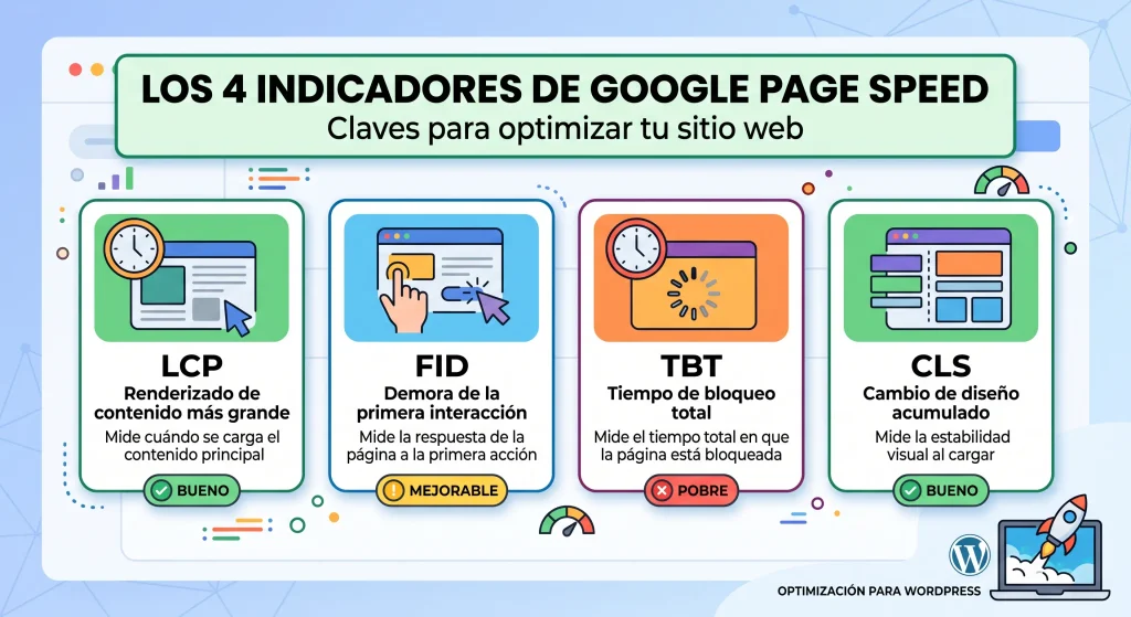 Infografía en español que muestra los 4 indicadores de velocidad de Google PageSpeed Insights: LCP, FID, TBT y CLS para optimización web en WordPress.
