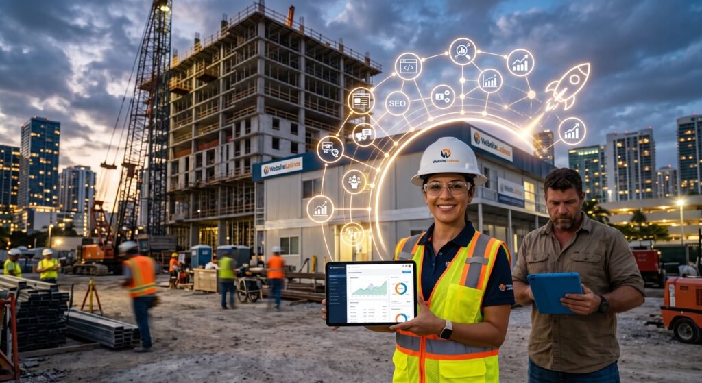 Ingeniera de construcción mostrando en una tableta métricas de marketing digital y crecimiento para empresas de construcción.